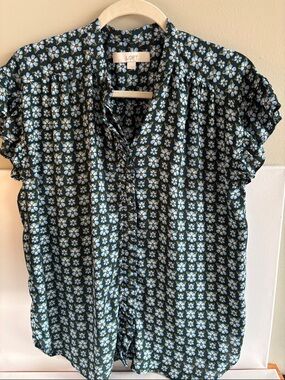 LOFT Black Floral-Pattern Short Sleeve Button Blouse
